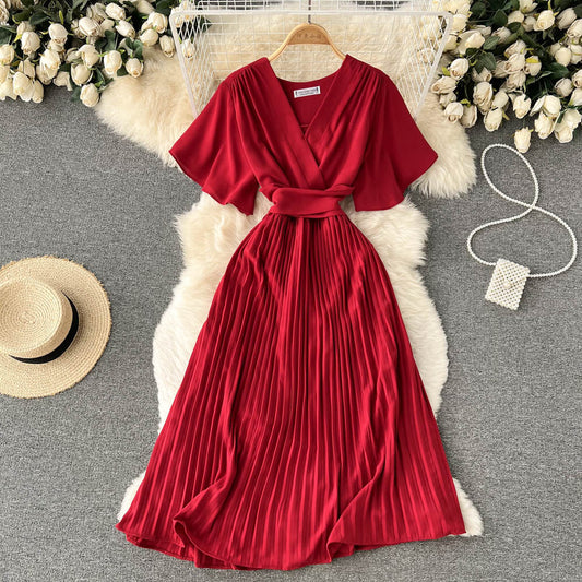 Chiffon Pleated Solid V-Neck Dress