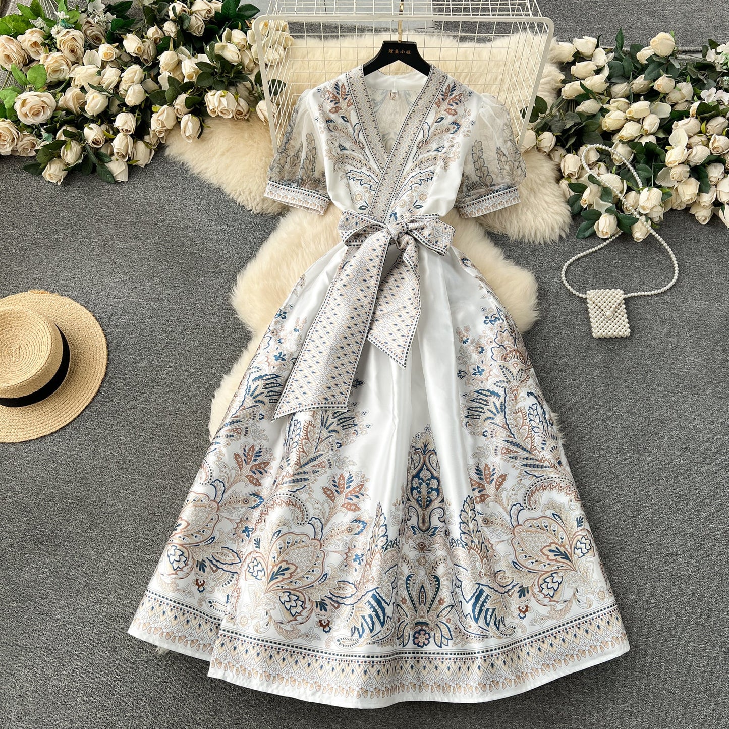 Bow-Tie Floral Print V-Neck Dress