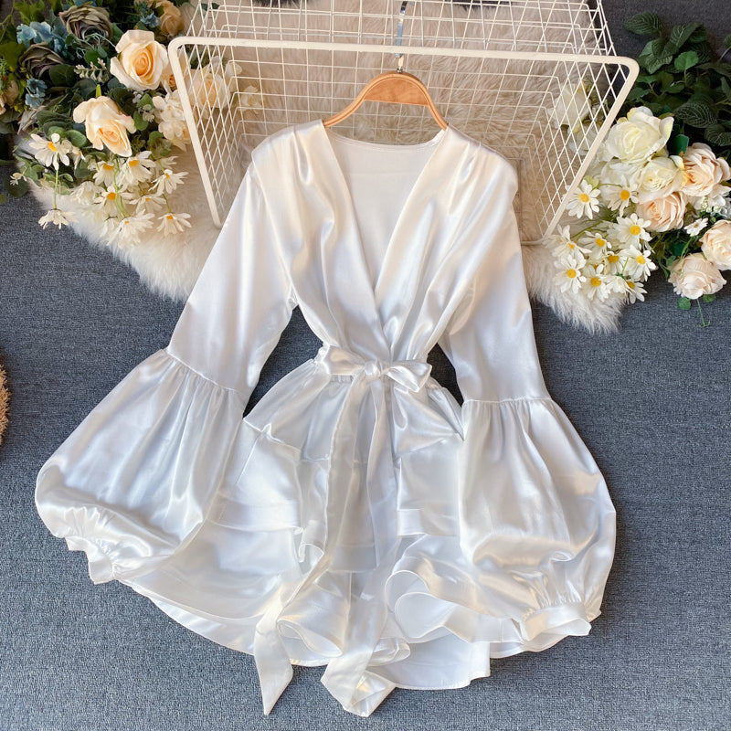 Satin Lantern Sleeve Ruffle Dress
