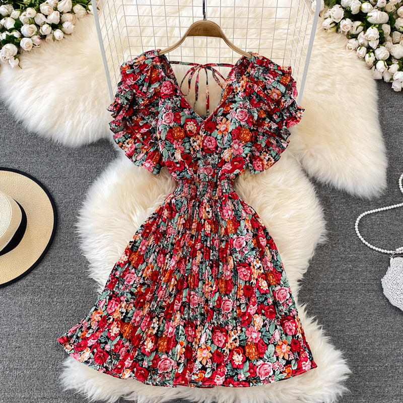 Fairy Ruffle Sleeve Floral Pleated Dress