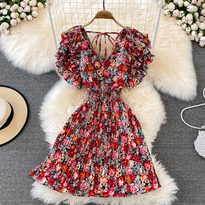 Fairy Ruffle Sleeve Floral Pleated Dress