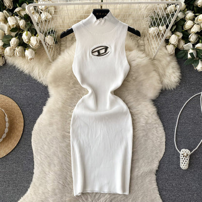 Open-Knit Semi-Turtleneck Bodycon Dress