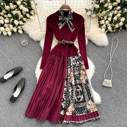 Knitted Long-sleeved Fake Two-piece Dress