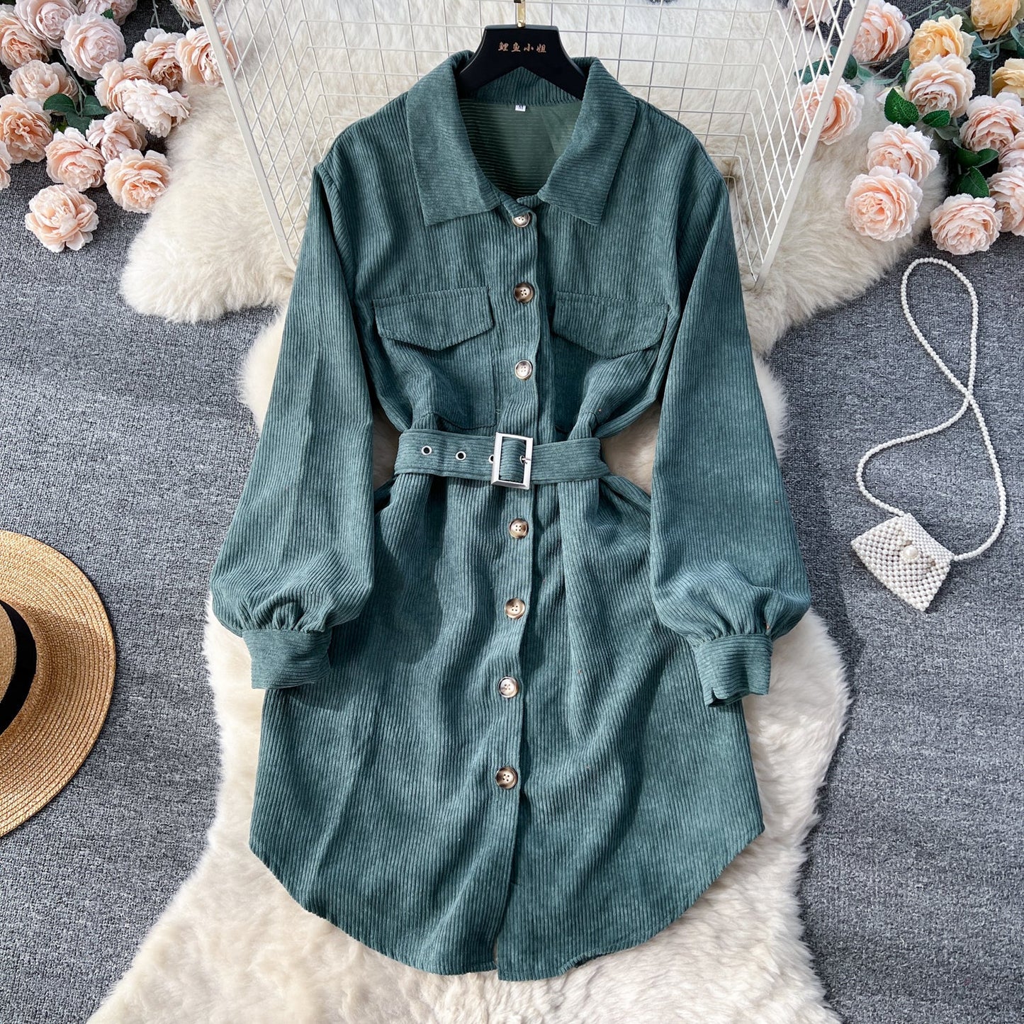 Contemporary Sleek Corduroy Shirt Dress