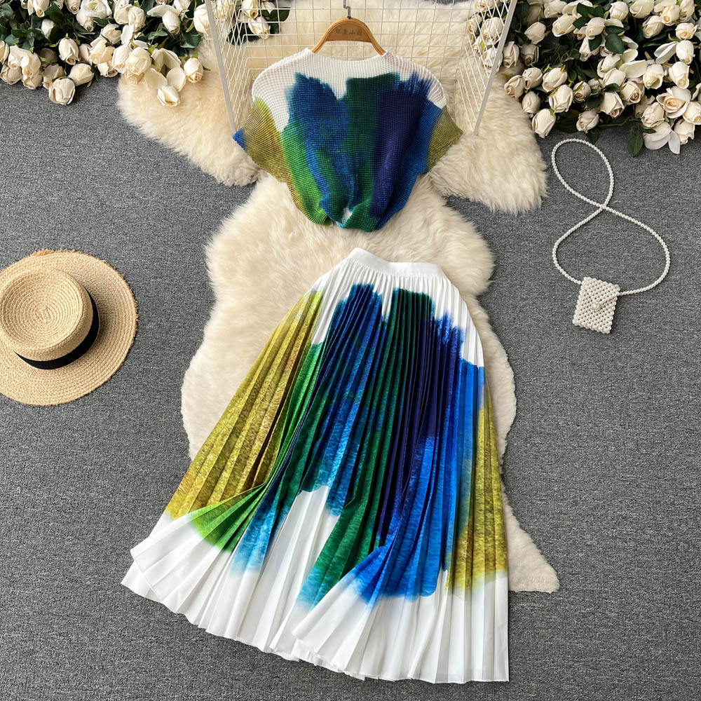 Printed T-shirt&Pleated Skirt 2Pcs