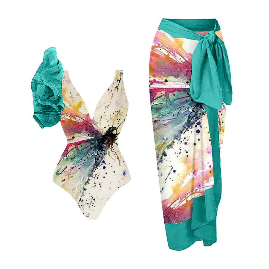 Ruffled Printed One-piece Swimwear&Skirt 2Pcs