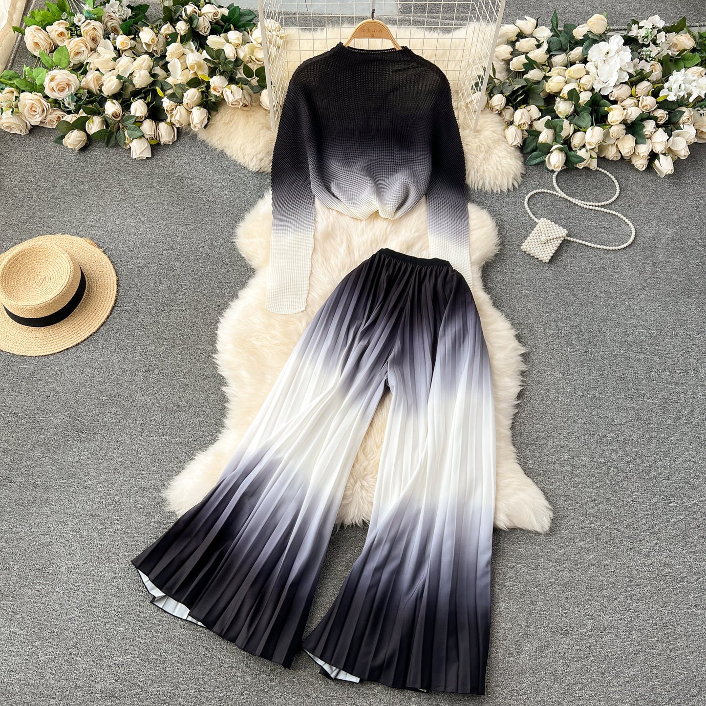 Pleated Knitwear&Wide-leg Trousers Printed 2Pcs