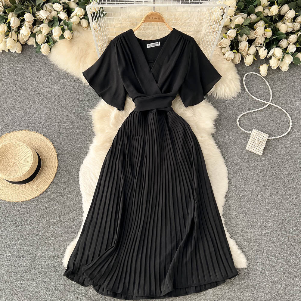 Chiffon Pleated Solid V-Neck Dress