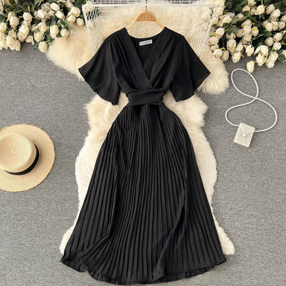 Chiffon Pleated Solid V-Neck Dress
