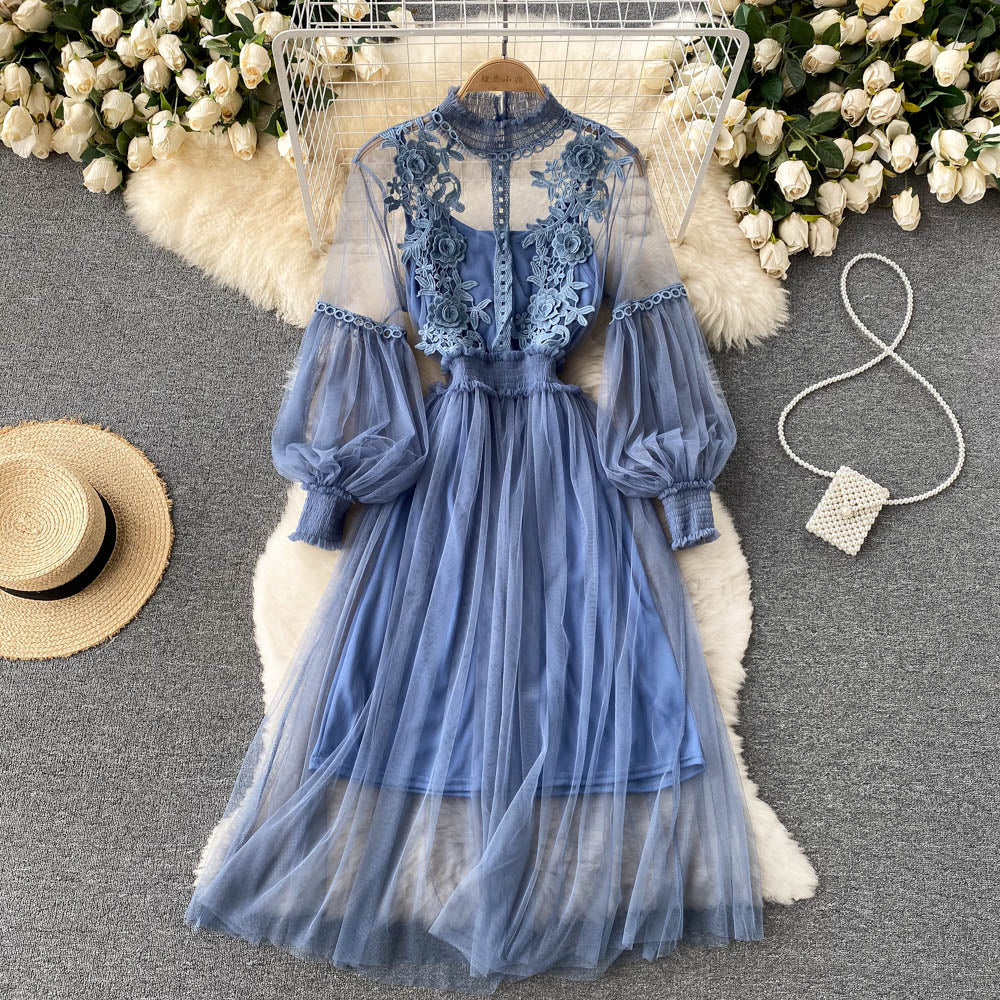 Embroidered Mesh Sleeve Sling Two-Piece Dress