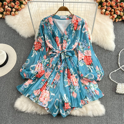 Neck Waist Print V-Neck Pleated Jumpsuit