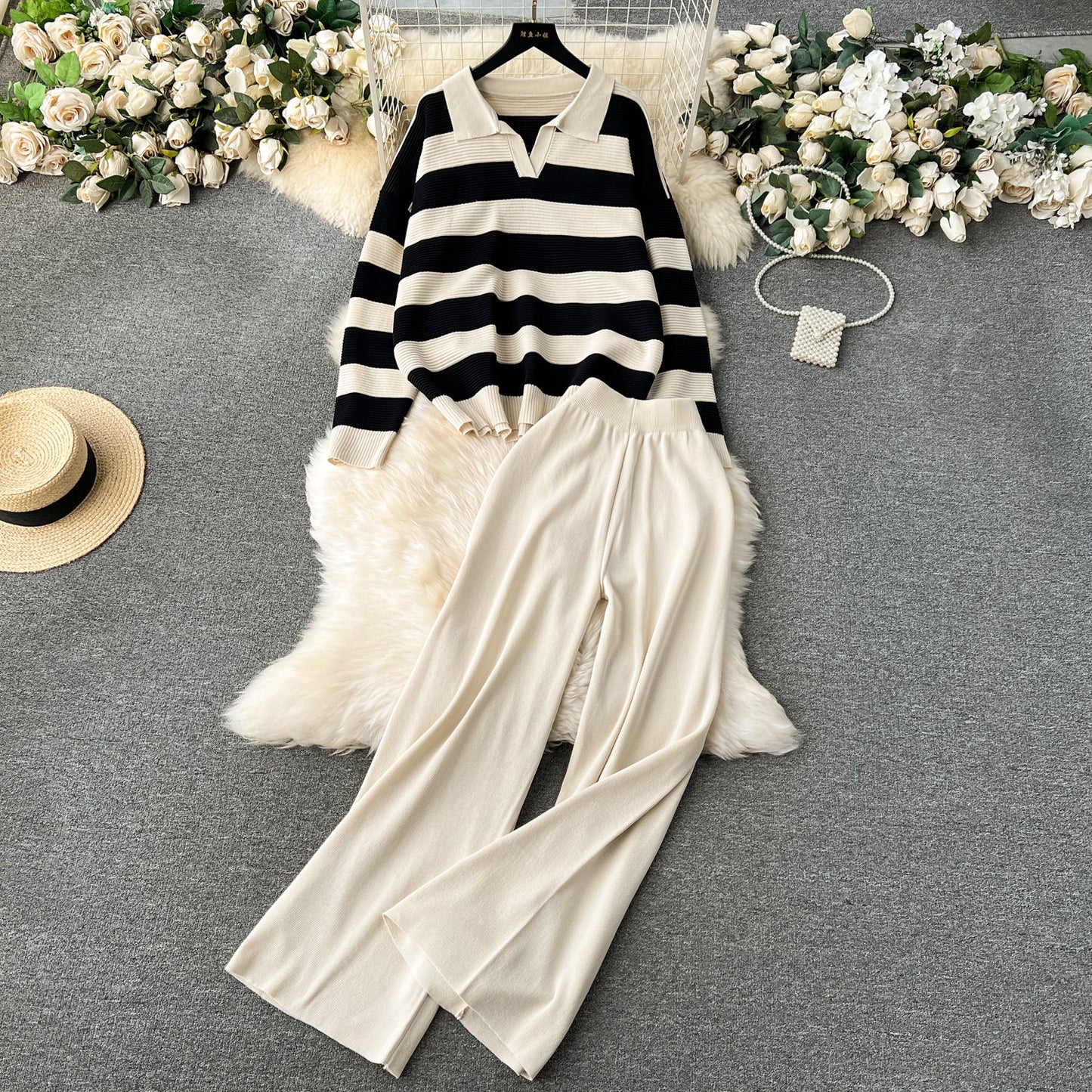 Striped Sweater&Wide-leg Pants 2Pcs