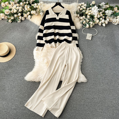 Striped Sweater&Wide-leg Pants 2Pcs