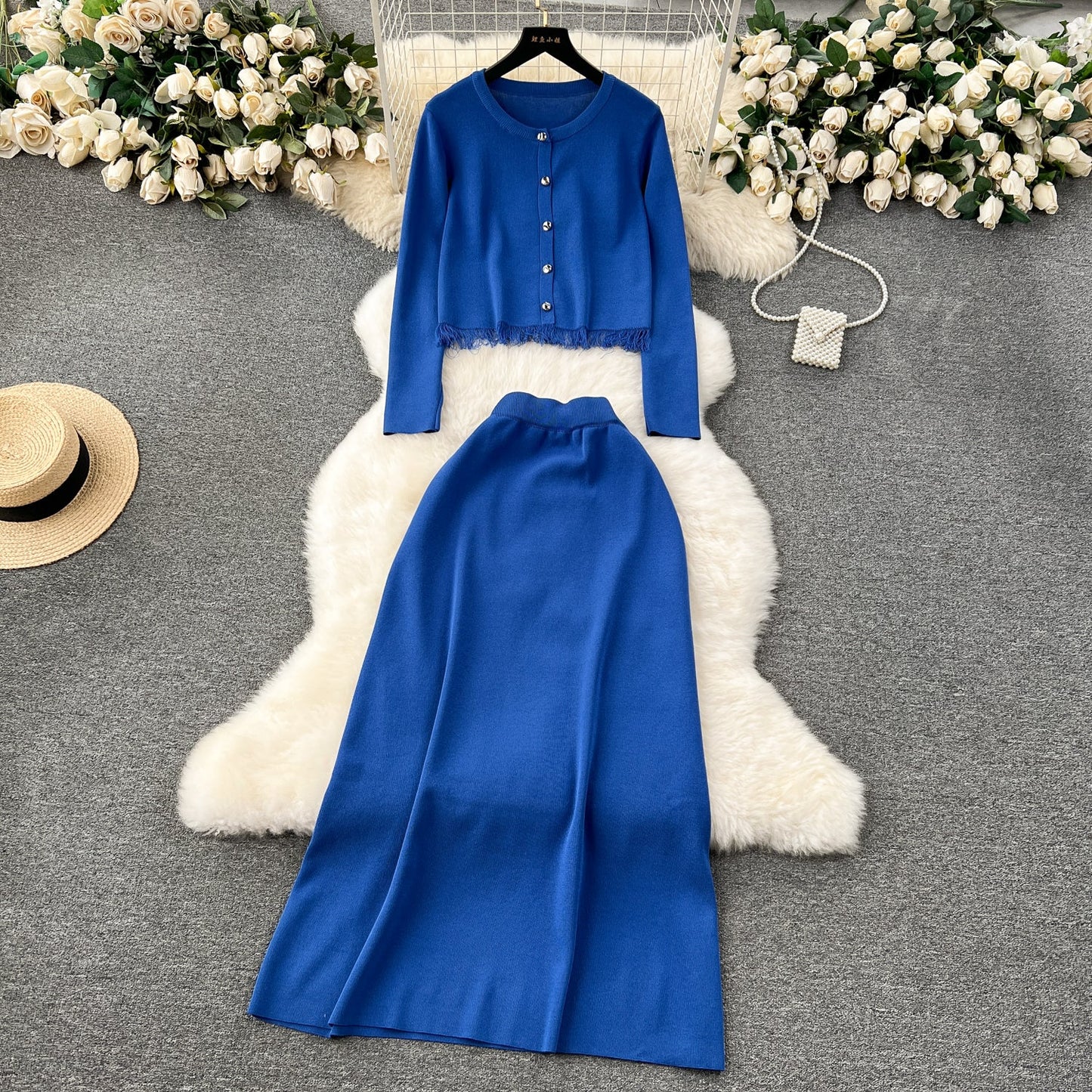 Cardigan&Half-body Skirt Fringed Knit 2Pcs