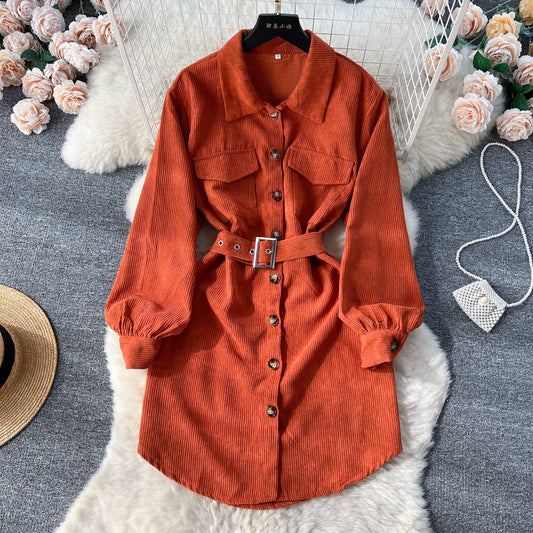 Contemporary Sleek Corduroy Shirt Dress