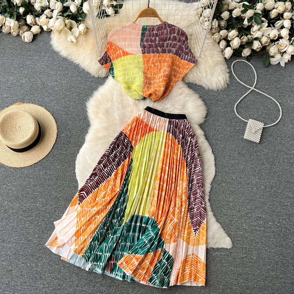 Printed T-shirt&Pleated Skirt 2Pcs