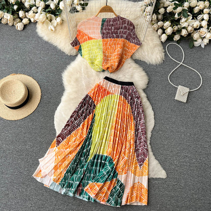 Printed T-shirt&Pleated Skirt 2Pcs