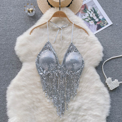 Disco Sequin Halter Vest with Long Tassels