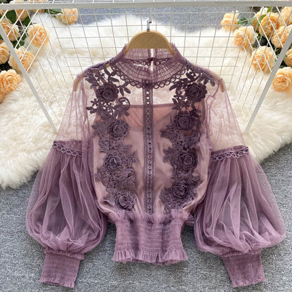 Ethereal Mesh Lantern-Sleeve Blouse