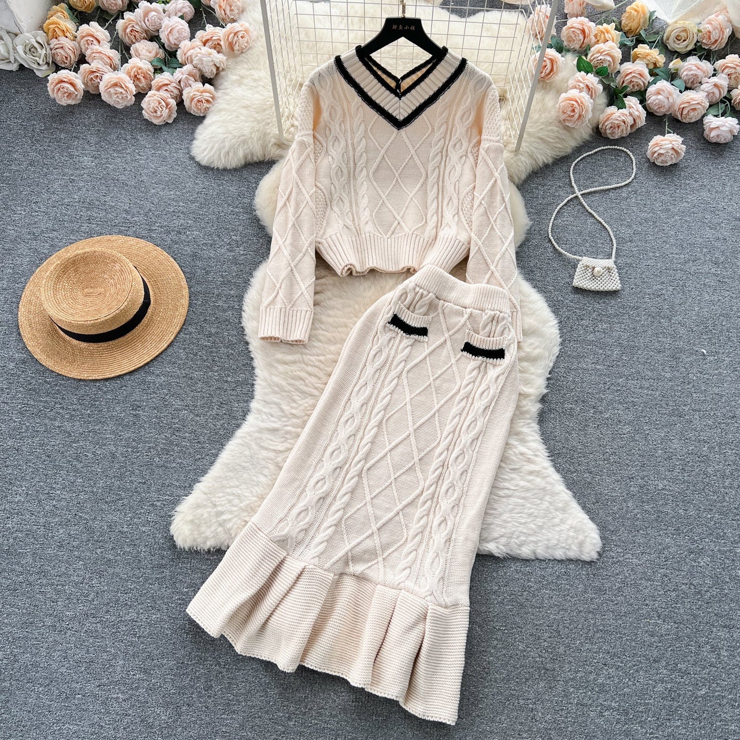 Twist-knitting Sweater&Fishtail Skirt 2Pcs