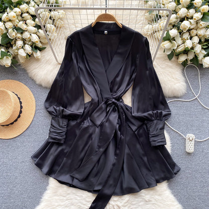 French Style V-neck Satin Wrap Dress
