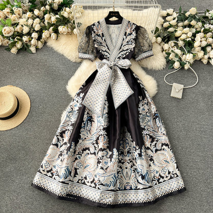 Courtly V-neck Bow Floral Dress