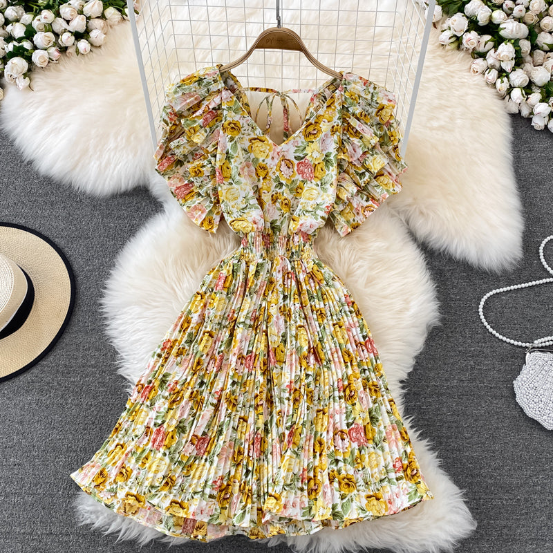 Fairy Ruffle Sleeve Floral Pleated Dress