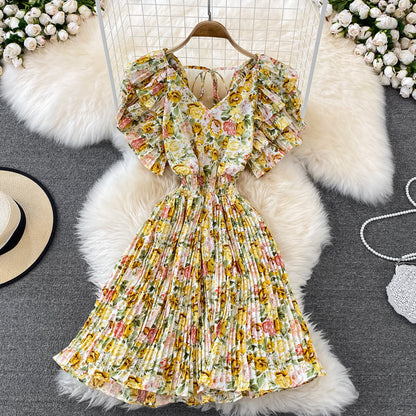 Fairy Ruffle Sleeve Floral Pleated Dress