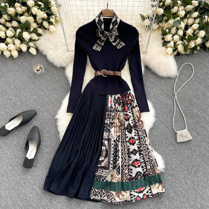 Knitted Long-sleeved Fake Two-piece Dress