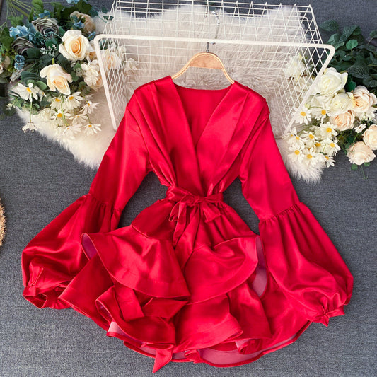 Satin Lantern Sleeve Ruffle Dress