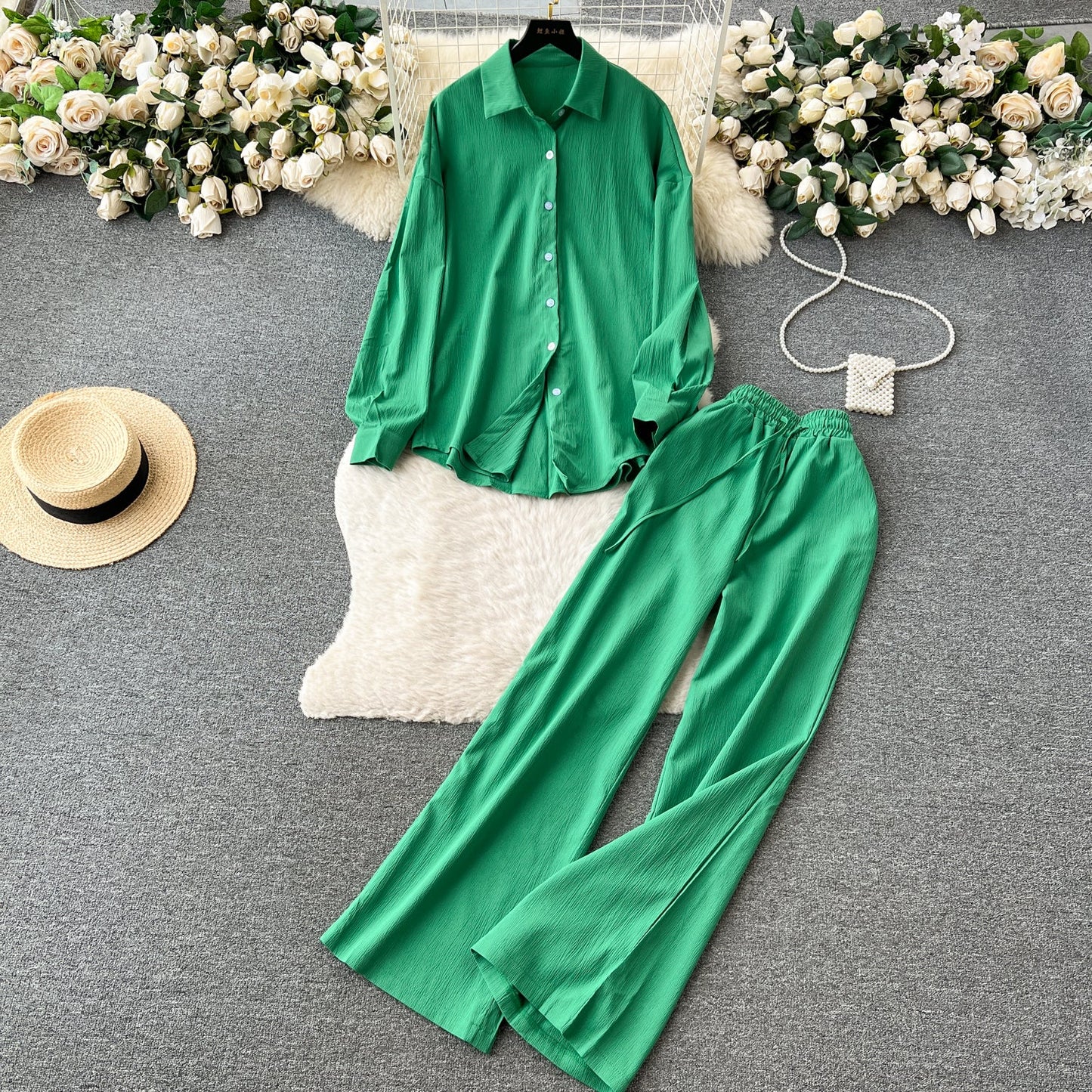 Loose Shirt&Wide-leg Trousers 2Pcs