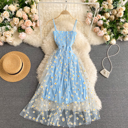 Off-the-shoulder Mesh Embroidered Chrysanthemum Dress