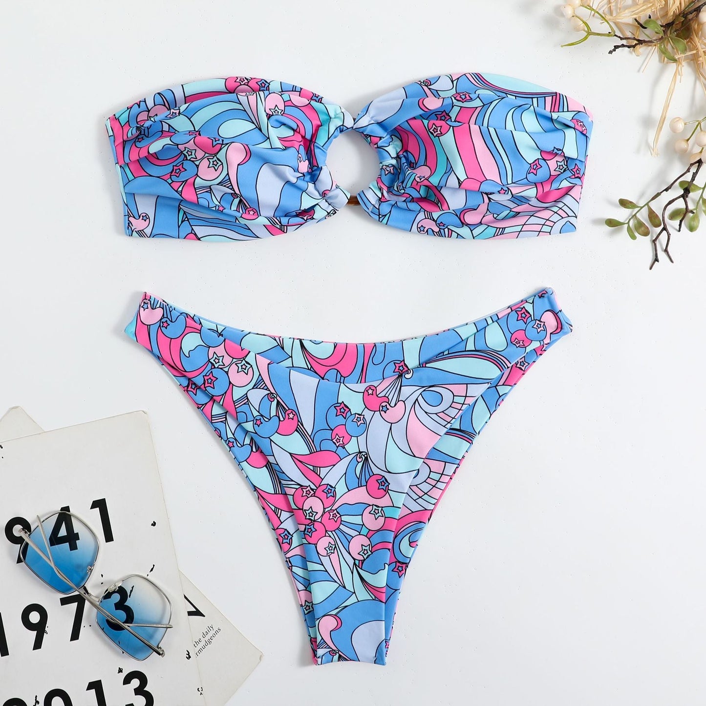 Halterless Multi-coloured Printed Bikini