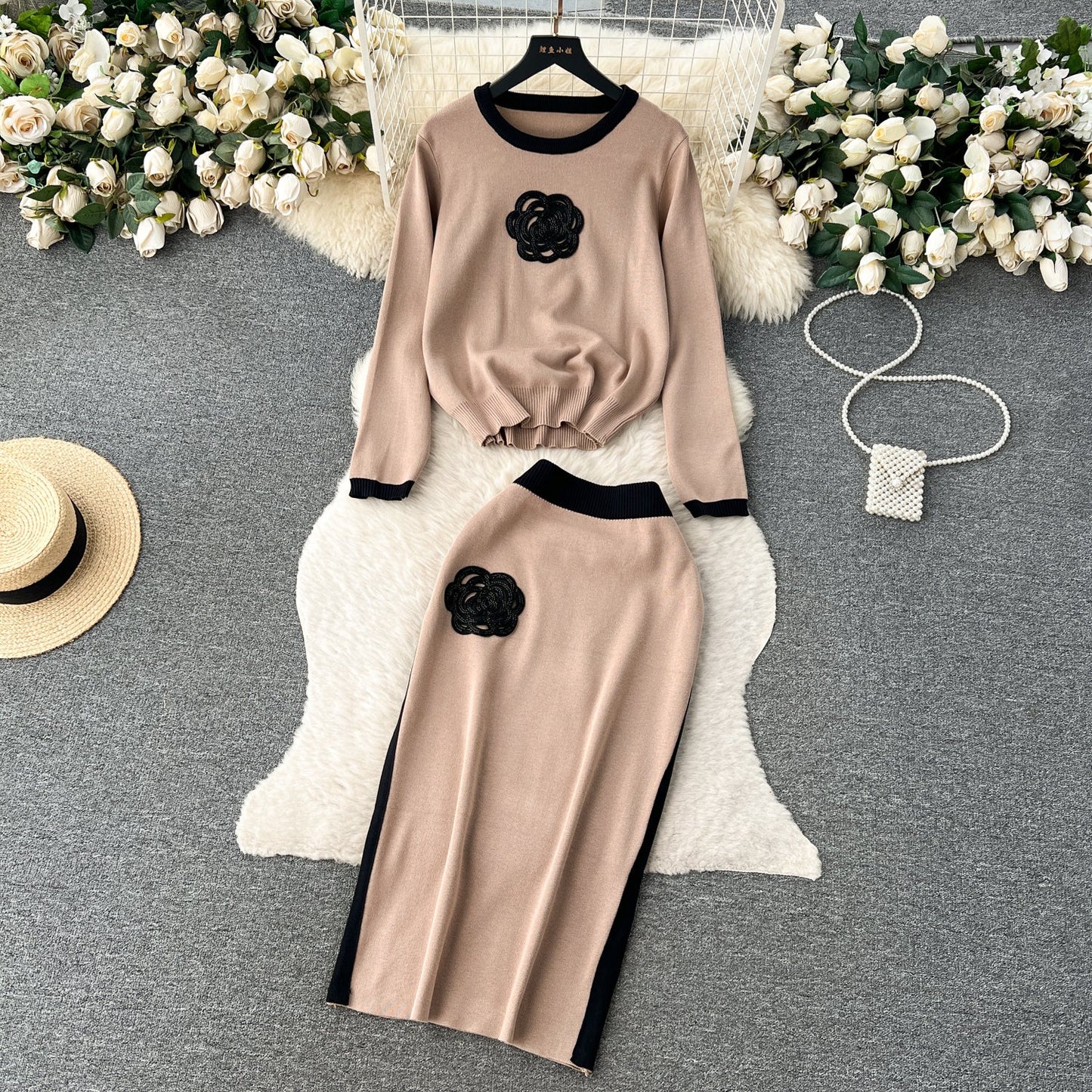 Round Collar Sweater&Skirt Knitted 2Pcs