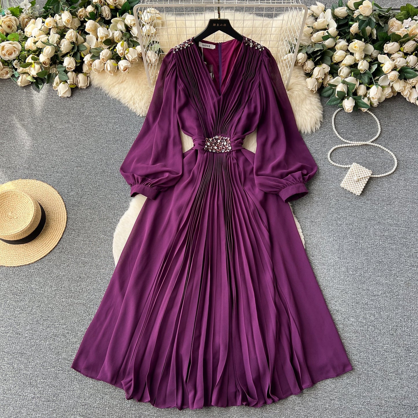Flared Sleeve Rhinestone Studded Dress