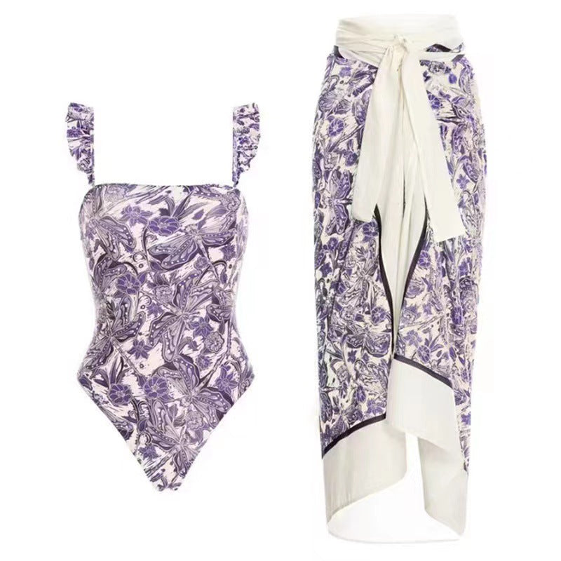 Floral Swimwear&Lace-up Apron Skirt