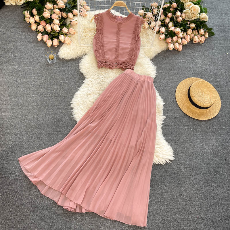 Lace Top&Pleated Chiffon Skirt 2Pcs Set