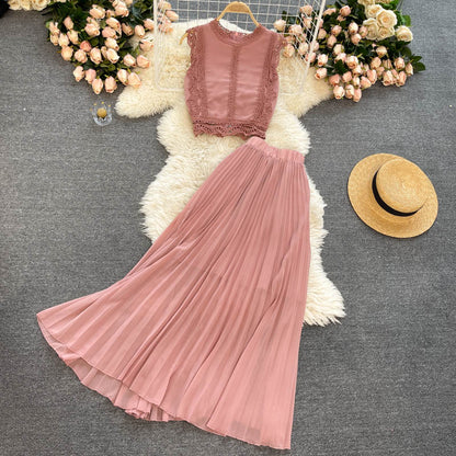 Lace Top&Pleated Chiffon Skirt 2Pcs Set