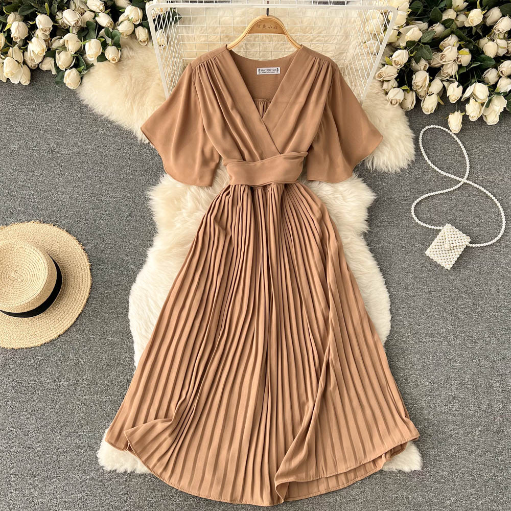 Chiffon Pleated Solid V-Neck Dress