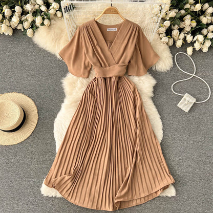 Chiffon Pleated Solid V-Neck Dress