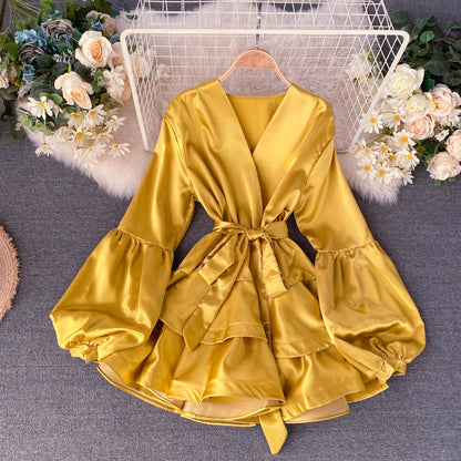 Satin Lantern Sleeve Ruffle Dress