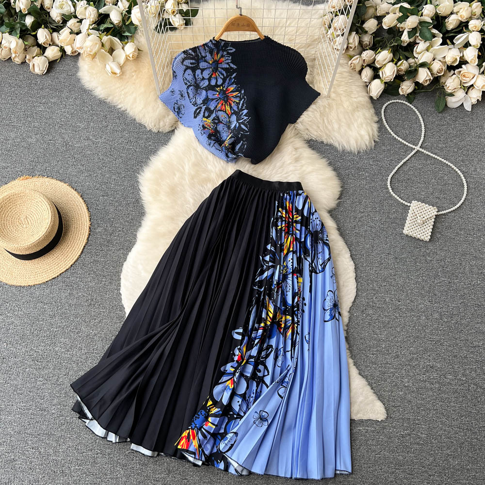 Printed T-shirt&Pleated Skirt 2Pcs