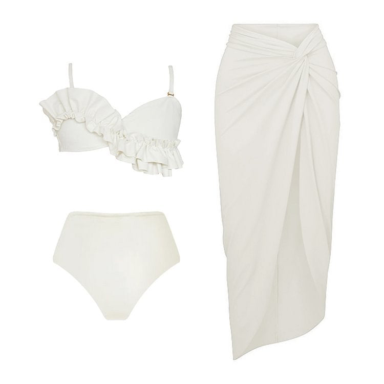 Ruffled Solid Color Tankini&Wrap Skirt 2Pcs