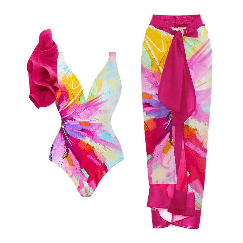Ruffled Printed One-piece Swimwear&Skirt 2Pcs