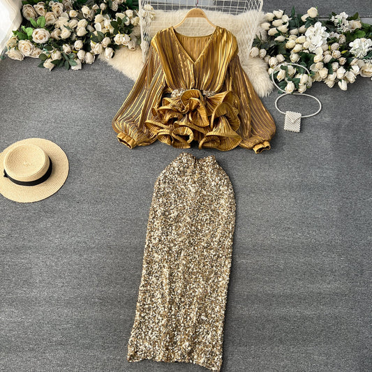 Glam Ruffle Blouse & Sequin Skirt Ensemble