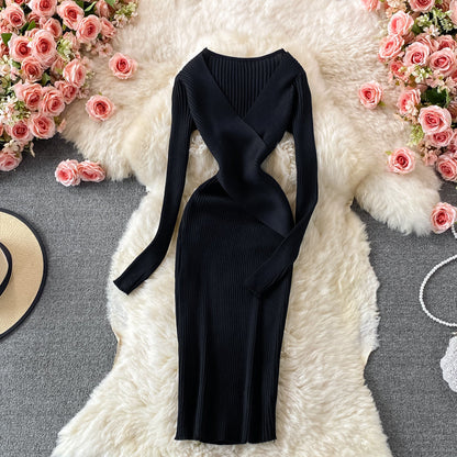 Body-Hugging V-Neck Knitted Gown