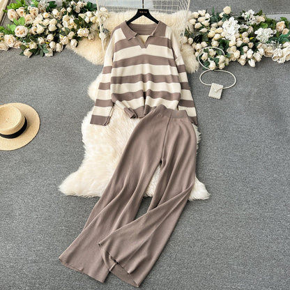 Striped Sweater&Wide-leg Pants 2Pcs