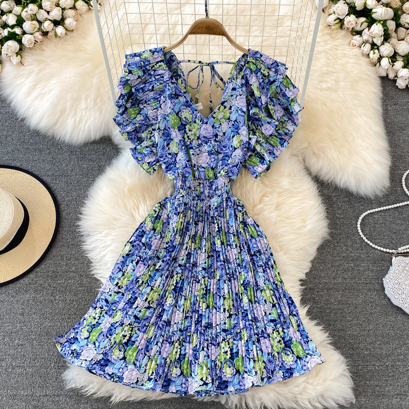 Fairy Ruffle Sleeve Floral Pleated Dress