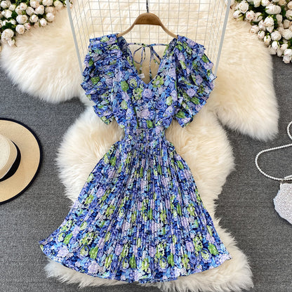 Fairy Ruffle Sleeve Floral Pleated Dress