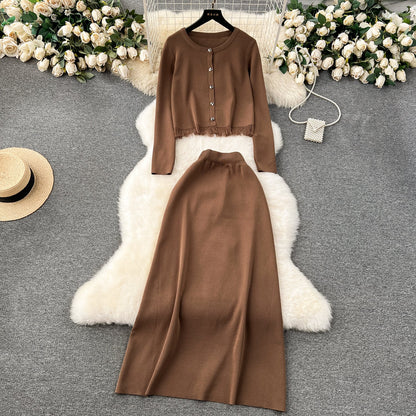 Cardigan&Half-body Skirt Fringed Knit 2Pcs